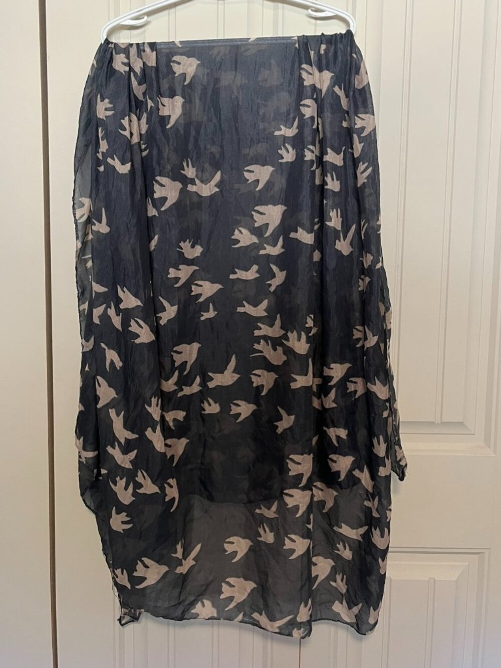 Black Taupe Bird Print Oversized Sheer Scarf Shawl 42x70
